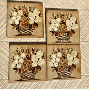 4 vintage decorative tiles from Italy. Brown, beige 60s 70s cottage decor . Kitchen retro wall art tiles. 60s, mid century floral wall decor