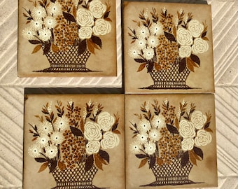 4 vintage decorative tiles from Italy. Brown, beige 60s 70s cottage decor . Kitchen retro wall art tiles. 60s, mid century floral wall decor