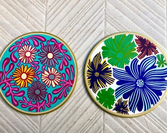 Spanish vintage 70s groovy trivets. Flower power style printed metal on cork.Mid century 60s 70s wall decor in blue, green, yellow. MCM wall