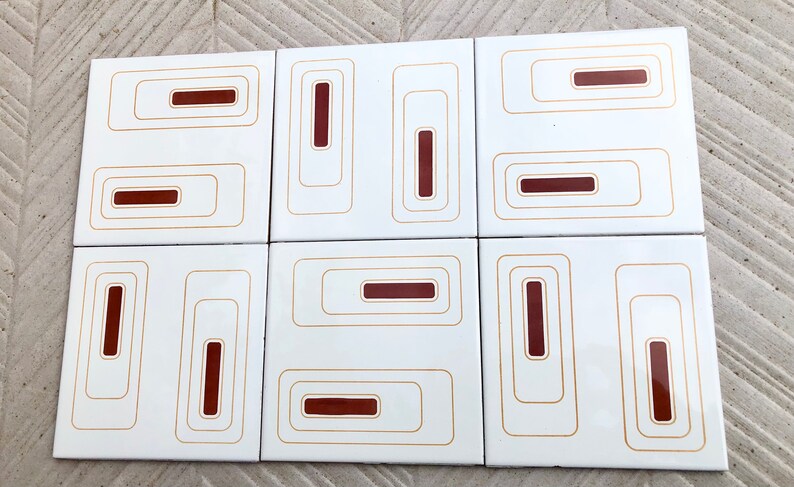 6 Spanish 70s vintage tiles – Brown, mustard yellow, cream, pop art style tiles, photo 2 of 10