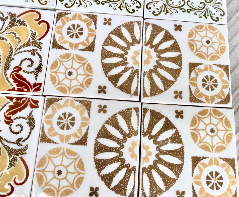 Vintage ochre, brown, red retro tiles — set of 15, photo 4 of 10