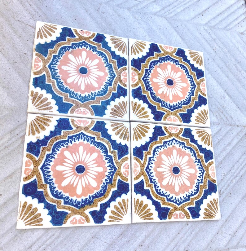 Vintage blue + pink 70s glazed tiles — set of 4, photo 2 of 7