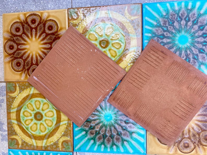 Original 70s retro tiles – Brown, yellow, blue, orange – Decorative MCM wall art — set of 9, photo 6 of 9