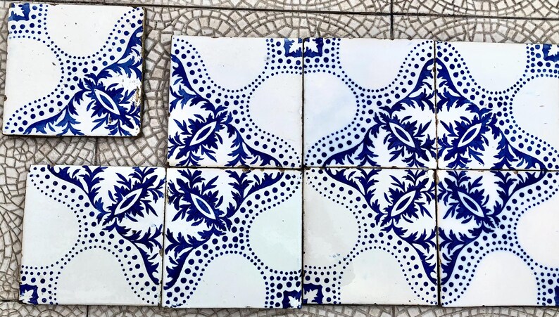 8 antique Art Nouveau blue + white original early 20th century Spanish decorative tiles, photo 5 of 10