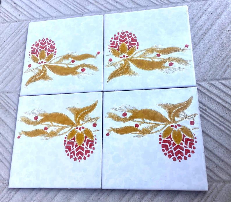 Vintage 70s tiles – 4 pc botanic - Fat Lava Original salvaged retro tiles, photo 4 of 8