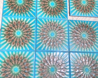 Original 70s vintage glazed  blue retro tiles. 9 pcs. Turquoise + brown fat lava SALVAGED  wall decor, vintage MCM reclaimed backsplash.