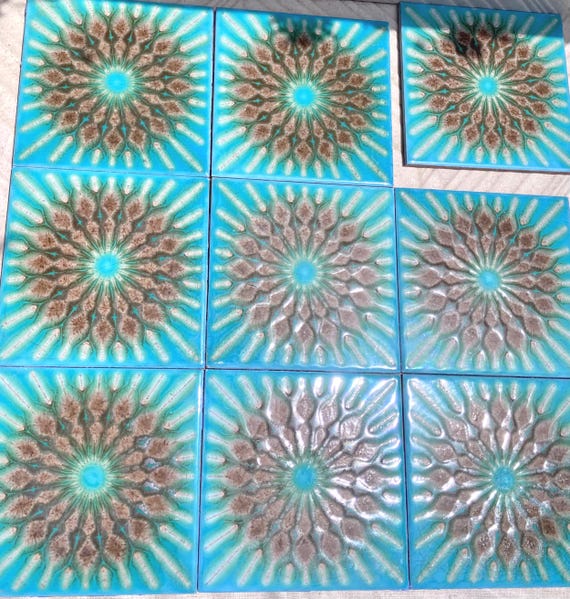 Original 70s vintage glazed blue retro tiles — set of 9