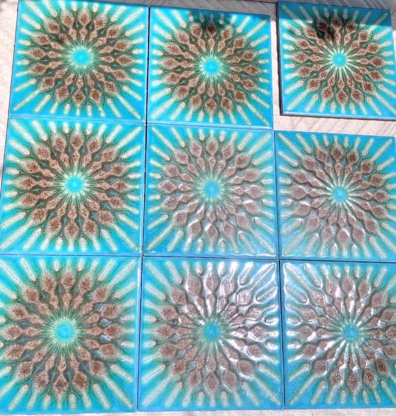 Original 70s vintage glazed blue retro tiles — set of 9, photo 1 of 10