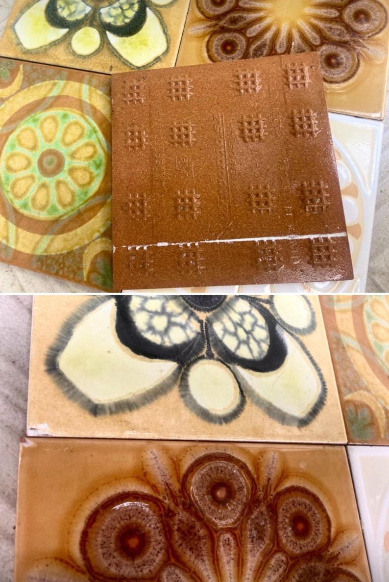 Vintage 70s tiles – 6 pc – Fat Lava Original unused + salvaged retro tiles – Brown + blue flower brutalist art tiles, photo 9 of 9