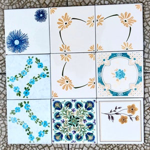 9 Spanish vintage tiles from the 60s - 70s. Orange + blue floral tiles. MCM original wall decor, mid century geometric tiles, backsplash