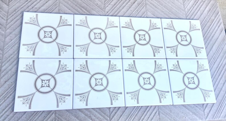 70s Spanish vintage tiles – White + light brown retro tiles — set of 8, photo 5 of 9