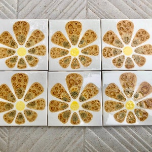 Vintage ochre, yellow, orange glazed retro tiles. UNUSED MCM fat lava decorative tile mural. 6 pc set.  60s wall decor, mid century wall art