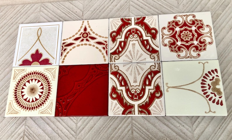 8 Spanish 70s vintage tiles – Mid century red, brown geometric Fat Lava tiles, photo 2 of 7