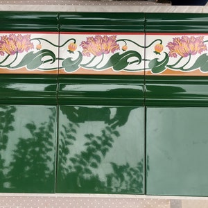 Art nouveau style border tiles set. Hand painted unused majolica pink and green  vintage style tile mural from Spain. Arts and crafts decor