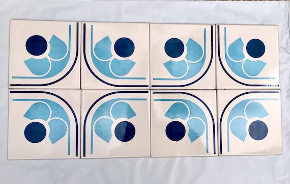 Spanish 60s 70s vintage tiles Unused – 8 pc blue flower retro tiles