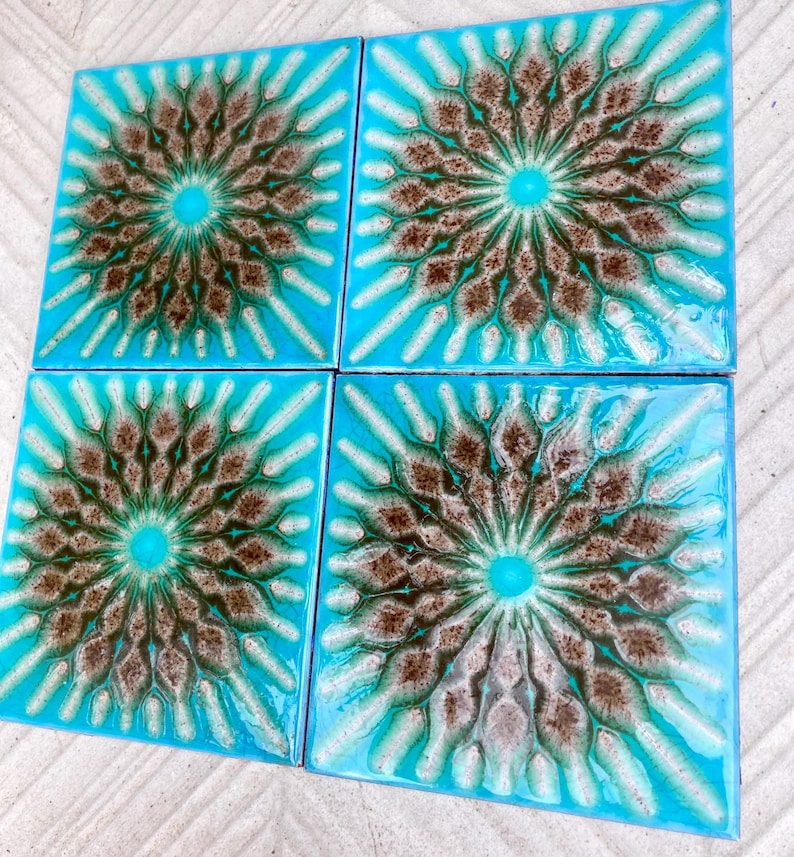 Original 70s vintage glazed blue retro tiles — set of 4, photo 5 of 10