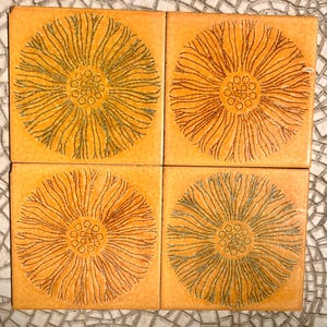 70s Spanish VINTAGE orange fat lava tiles. 4 pcs. Mid century sunray decorative tiles. Pop art, geometric 60s flower power wall decor