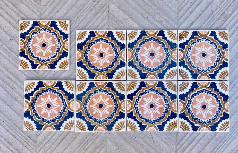 Vintage blue + pink 70s glazed tiles — set of 8, photo 2 of 9
