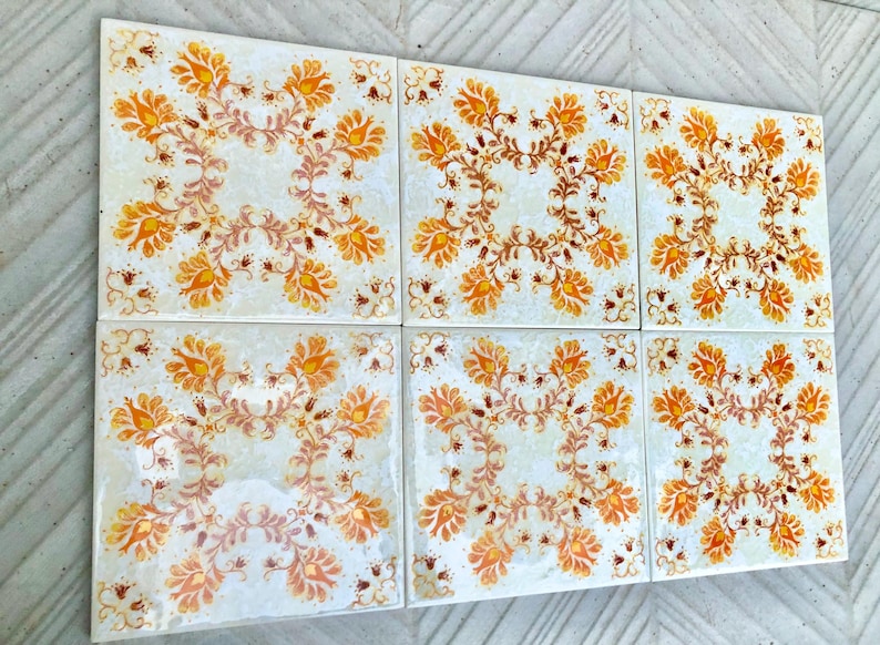 60s 70s German orange retro tiles — set of 6, photo 3 of 8