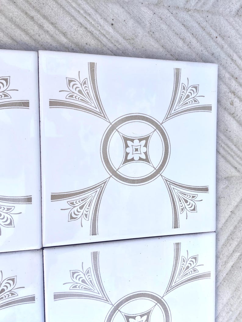 70s Spanish vintage tiles – White + light brown retro tiles — set of 8, photo 2 of 9