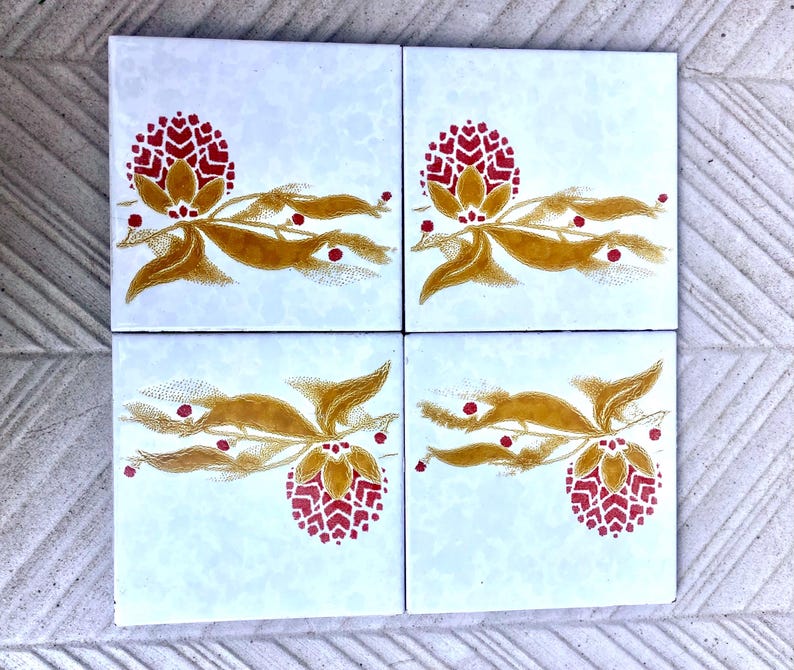 Vintage 70s tiles – 4 pc botanic - Fat Lava Original salvaged retro tiles, photo 3 of 8