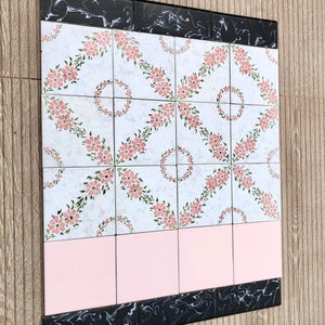 Spanish 60s 70s pink and black tiles. 24 pc set. Vintage ORiGINAL salvaged + unused mid century floral decorative  retro romantic backsplash