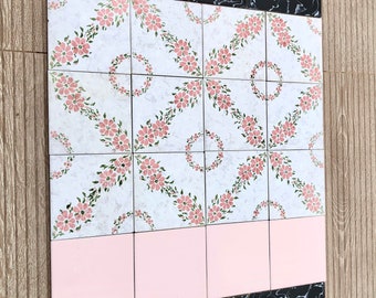 Spanish 60s 70s pink and black tiles. 24 pc set. Vintage ORiGINAL salvaged + unused mid century floral decorative  retro romantic backsplash