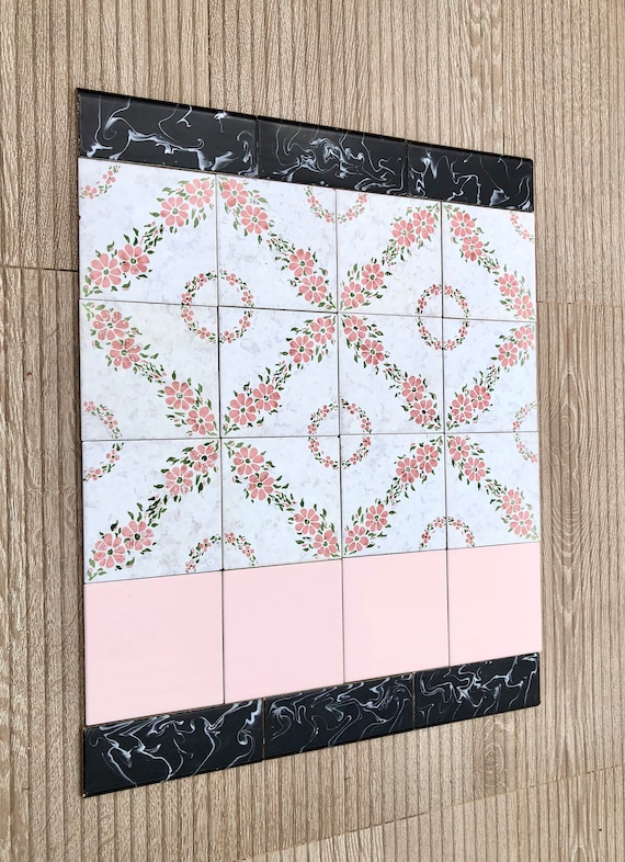 Spanish 60s 70s pink and black tiles — set of 24