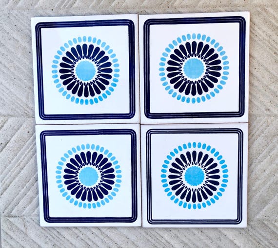 Spanish 60s 70s vintage tiles Unused – 4 pc blue daisy retro tiles