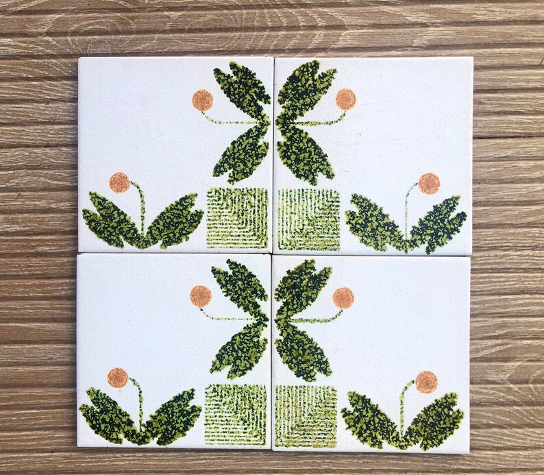 Vintage tiles from Spain – 4 tile mural – 70s geometric Fat Lava in green, orange, photo 6 of 9