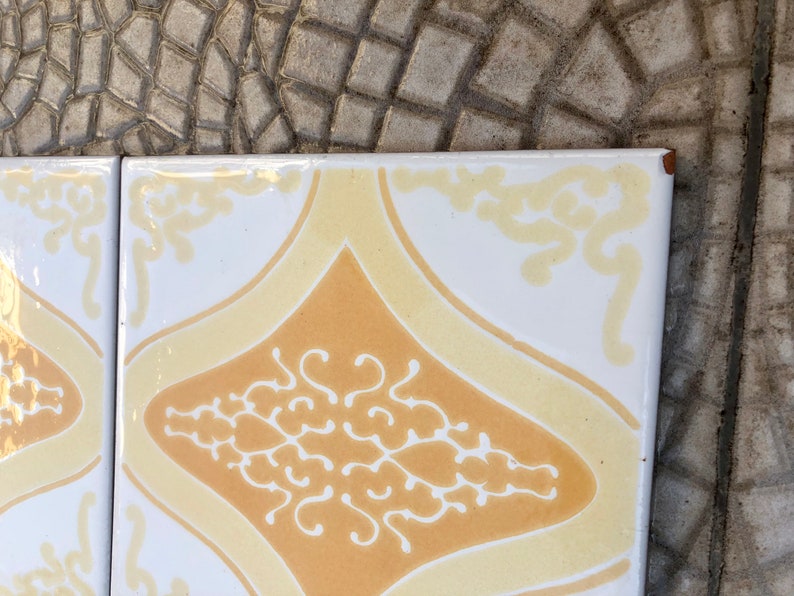 60s 70s vintage geometric tiles, Unused – 9 pc set yellow, orange, pop art tiles, photo 6 of 10