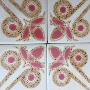 4 pc - 70s vintage tiles. Mid century red,brown fat lava tiles from Spain. Groovy 60s wall art. Geometric flower power tile mural backsplash