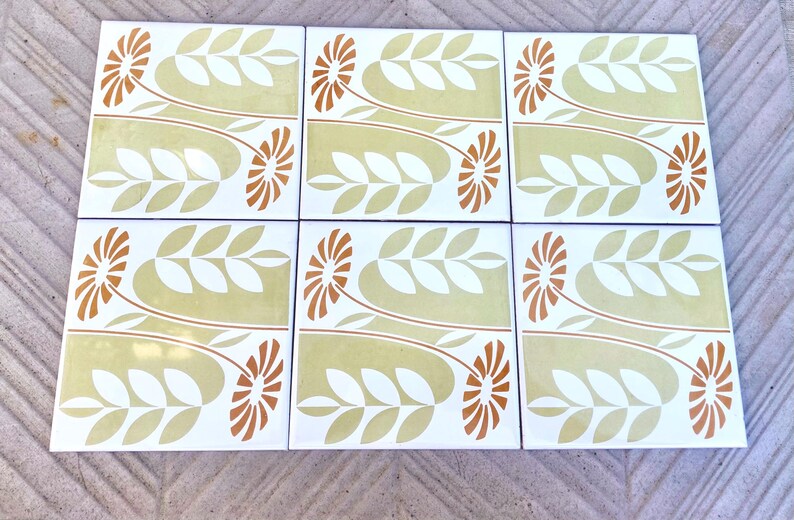 60s 70s Spanish vintage retro tiles – pop orange + green daisies backsplash — set of 6, photo 2 of 8