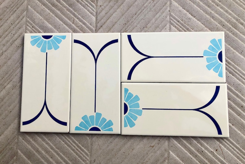 4 vintage blue + white mid century original Spanish tiles, photo 7 of 10