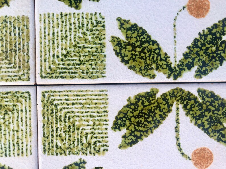 Vintage tiles from Spain – 4 tile mural – 70s geometric Fat Lava in green, orange, photo 7 of 9