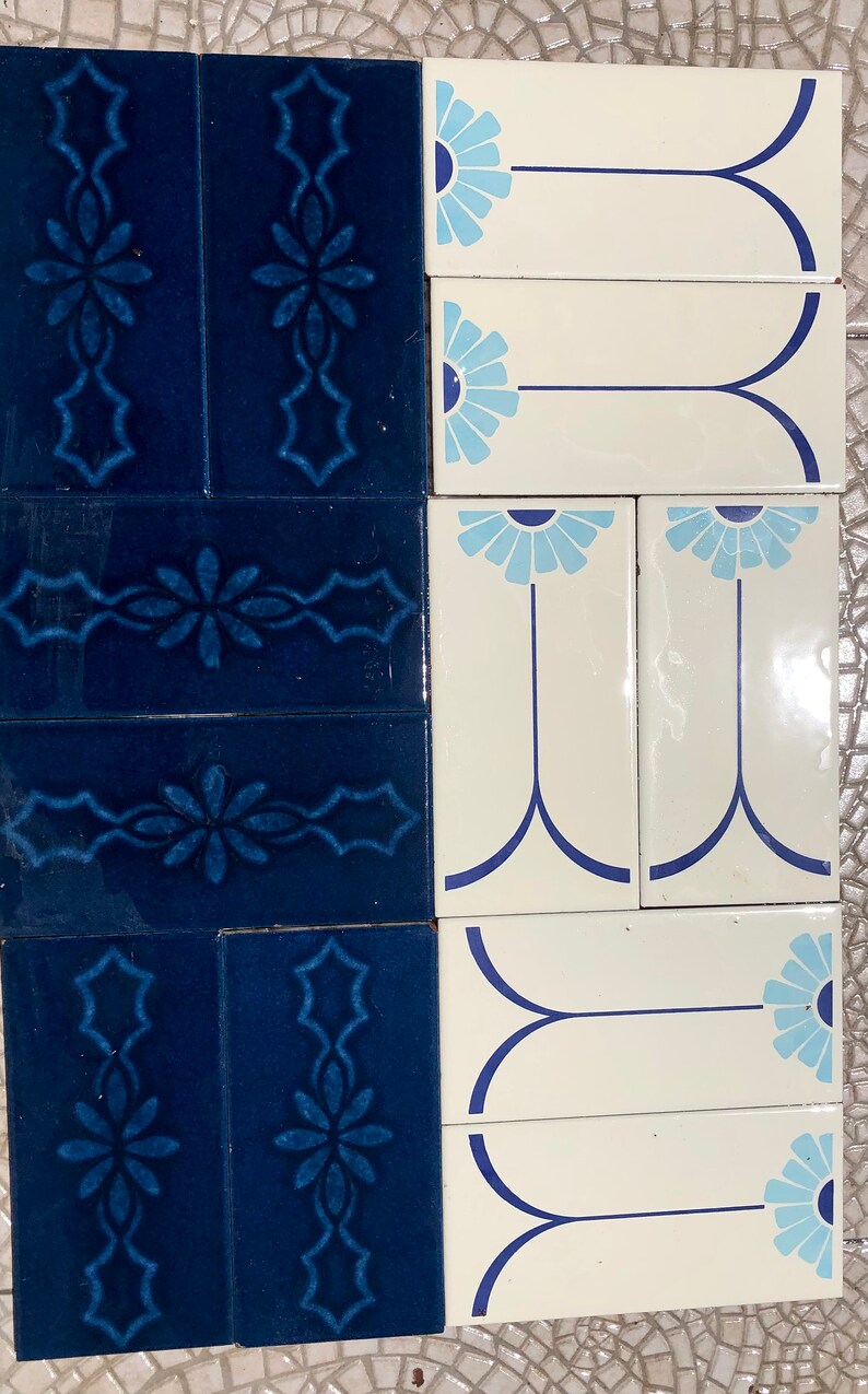 12 vintage blue + white mid century original Spanish tiles, photo 9 of 10