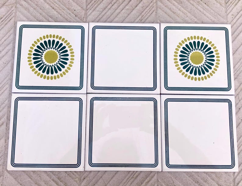 60s 70s Spanish vintage retro tiles – pop art green daisies backsplash — set of 6, photo 3 of 10