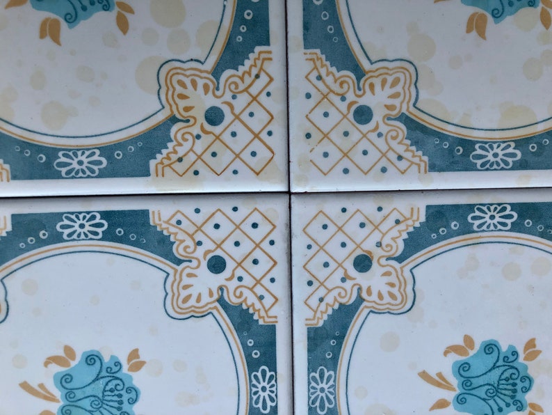 4 Spanish 70s blue and ochre tiles, photo 6 of 10