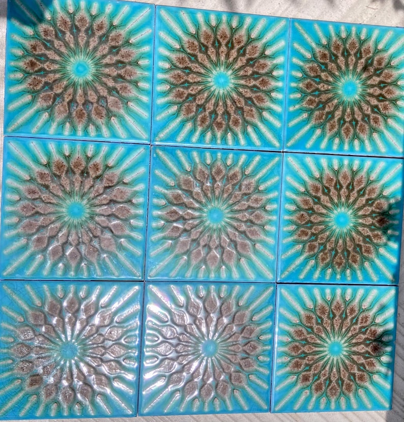 Original 70s vintage glazed blue retro tiles — set of 9, photo 7 of 10
