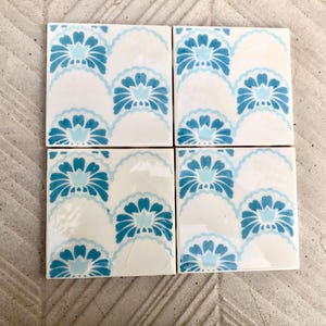 Vintage blue + white glazed retro tiles. UNUSED MCM geometric floral decorative tile mural 12 pc set.  60s wall decor, mid century wall art