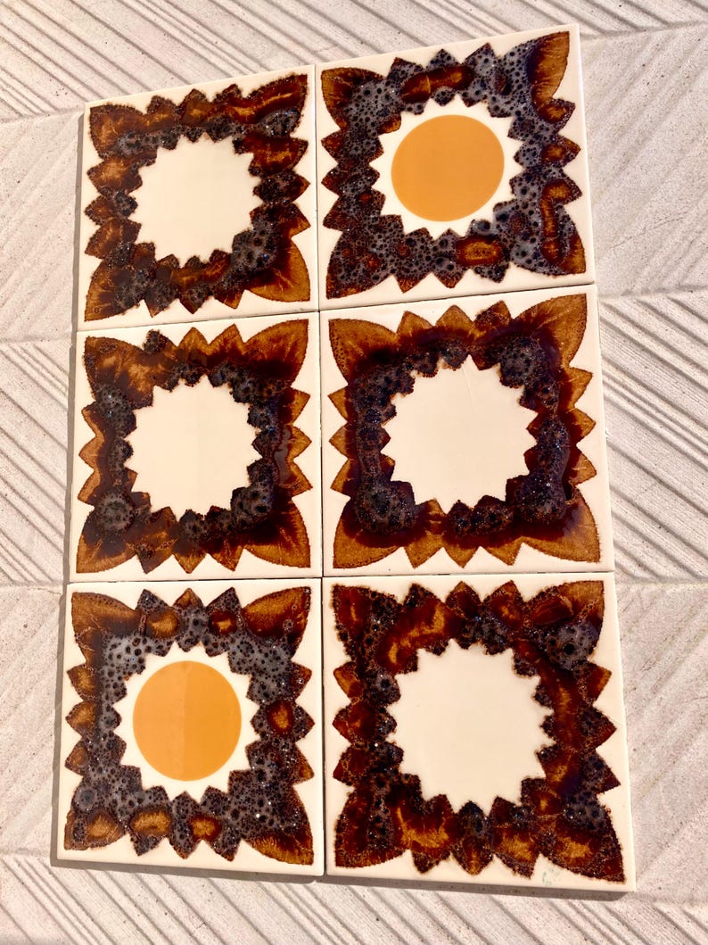 70s Spanish Vintage orange + brown tiles — set of 6, photo 4 of 10
