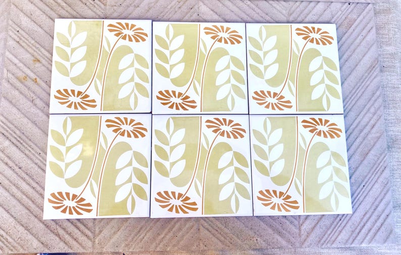 60s 70s Spanish vintage retro tiles – pop orange + green daisies backsplash — set of 6, photo 5 of 8