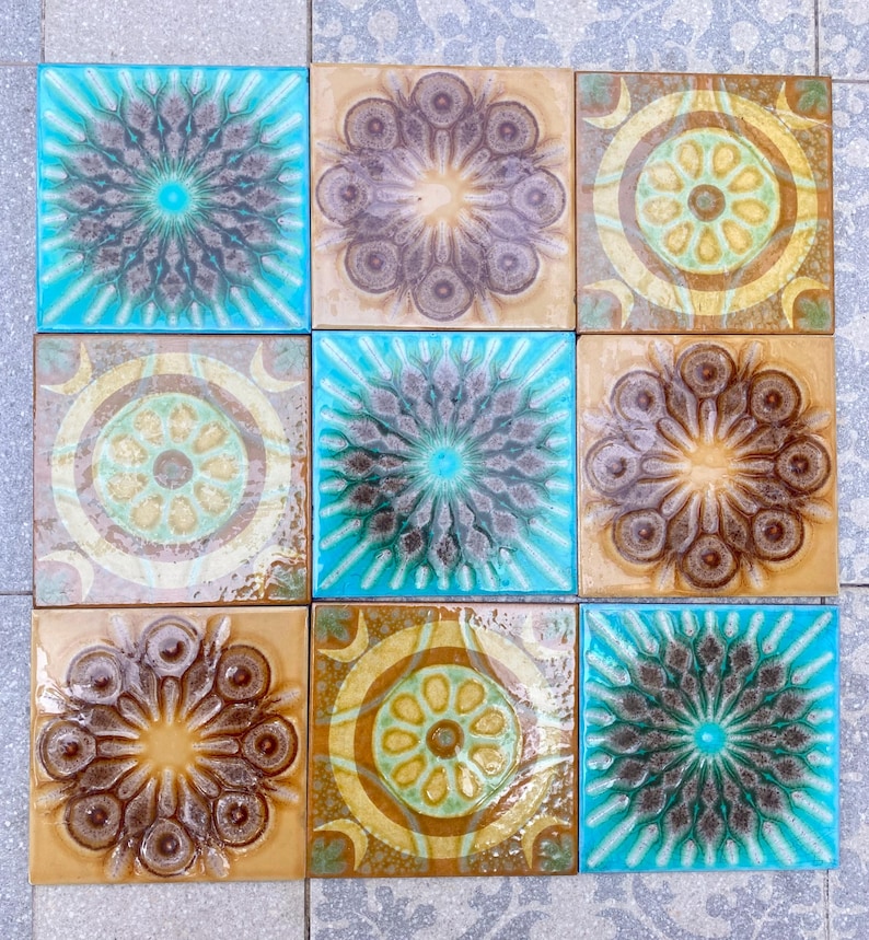 Original 70s retro tiles – Brown, yellow, blue, orange – Decorative MCM wall art — set of 9, photo 3 of 9
