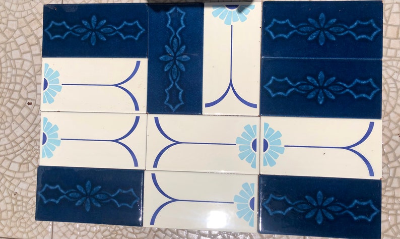 12 vintage blue + white mid century original Spanish tiles, photo 2 of 10
