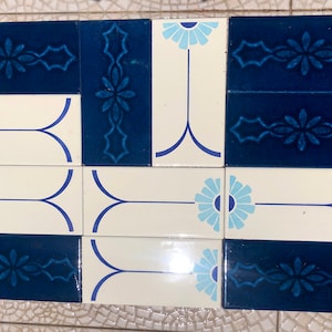 12 vintage blue + white mid century original Spanish tiles. UNUSED geometric - floral decorative tiles. MCM flower power, groovy wall decor