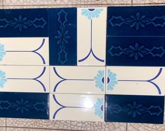 12 vintage blue + white mid century original Spanish tiles. UNUSED geometric - floral decorative tiles. MCM flower power, groovy wall decor
