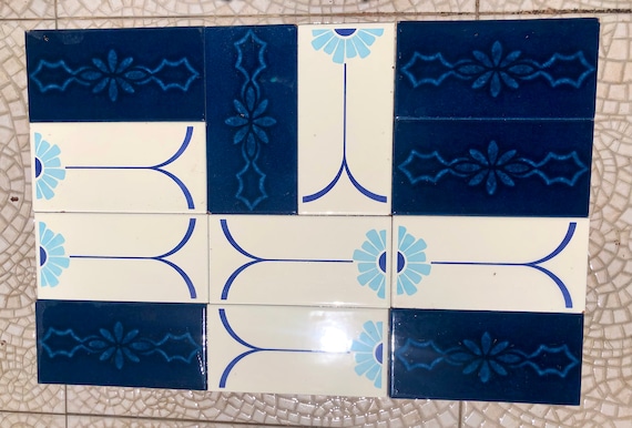 12 vintage blue + white mid century original Spanish tiles