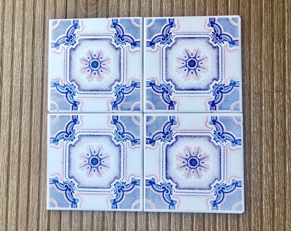 70s blue, pink retro tiles – Vintage floral original decorative tiles — set of 4
