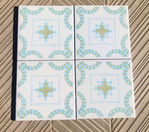 4 Vintage 70s Salvaged blue + ochre Spanish tiles