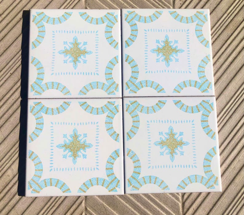 4 Vintage 70s Salvaged blue + ochre Spanish tiles, photo 1 of 9